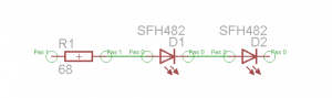 Schema of 2 LEDs and a resistor. I connected 8 of these groups in parallel for the infrared light.